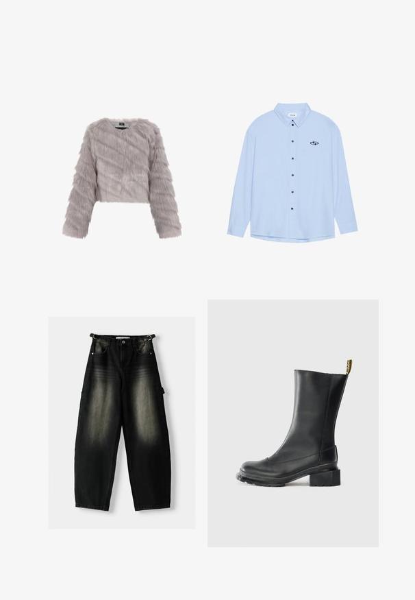 Szary, sztuczny futrzany krótki płaszcz z długimi rękawami, teksturowana tkanina i okrągły dekolt. Posiada zamek błyskawiczny i brak widocznych elementów metalowych.; Jasnoniebieska koszula z długim rękawem wykonana z gładkiego materiału. Posiada kołnierzyk, długie rękawy, czarne guziki oraz małe czarne logo na lewej piersi.; Luźne czarne dżinsy z wyblakłą fakturą, pięcioma kieszeniami i pętlą w pasie. Design wyróżnia się luźnym krojem i prostymi nogawkami.; Czarne skórzane botki za kostkę na słupku, o gładkiej fakturze, z okrągłym noskiem i pętelką z tyłu z żółtą marką.