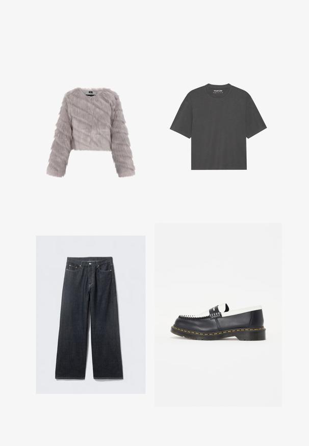 Grå faux fur cropped jakke med lange ærmer, struktureret stof og rund halsudskæring. Har en lynlåslukning og ingen synlig hardware.; Mørkegrå t-shirt med korte ærmer, rund crew neck, lavet af blødt stof. Ingen synlige mønstre eller grafik, simpelt design.; Mørke denim brede bukser med høj talje, med kobberfarvede nitter og kontrastsyning, glat tekstur og uden synlige mønstre.; Sorte læder slip-on sko med en hvid læderdetalje. Har dekorativ syning og en gummisål med gul kant. Rund tå design.