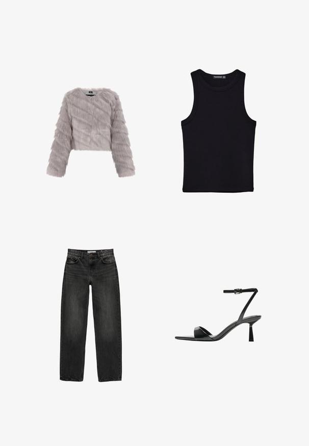 Sivi lažni krzneni kratki kaput s dugim rukavima, teksturiranim materijalom i okruglim dekolteom. Ima zatvaranje na zatvarač i bez vidljivih metalnih dijelova.; Crni top bez rukava od pamuka, s okruglim izrezom i širokim izrezima za ruke. Glatka tekstura s ušivenim rubovima. Klasičan, minimalistički dizajn.; Crne traperice od denima s opuštenim krojem, ravnim nogavicama, dizajnom s pet džepova i blago izblijedjelom teksturom. Zaključavanje na dugme i patentni zatvarač sprijeda.; Bershka Sandale s visokom petom - black