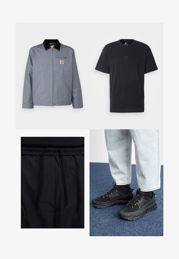 Šedá bavlnená bunda s čiernym zamatovým golierom, predným zipsom a náprsním vreckom s žltým logom Carhartt. Obsahuje dve bočné vrecká.; Čierne bavlnené tričko Nike s klasickým okrúhlym výstrihom, krátkymi rukávmi a jemne embosovaným logom na hrudi. Hladká textúra.; Čierne šortky s pásom na stiahnutie, z ľahkej látky s hladkou textúrou a jednoduchým dizajnom bez viditeľných log alebo vzorov.; Čierne športové topánky s textúrovanou tkaninou a gumovou podrážkou, so elastickými šnúrkami a modrým akcentom na päte. Nosia sa s svetlými riflami.