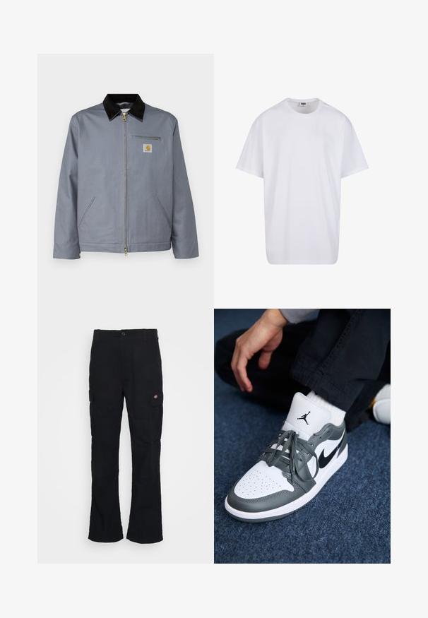 Šedá bavlněná bunda s černým manšestrovým límcem, předním zipem a náprsní kapsou s žlutým logem Carhartt. Obsahuje také dvě boční kapsy.; Bílé triko z bavlny s krátkým rukávem, kulatým výstřihem, volným střihem a bez viditelných log či vzorů. Hladká textura a minimalistický design.; Černé cargo kalhoty se střihovým rovnými nohavicemi, vyrobené z odolné tkaniny, s bočními kapsami a nášivkou loga na levé straně.; Tenisky Nike Air Jordan 1 v bílé a šedé kůži, s černým logem, perforovanou špičkou a plochými šedými tkaničkami.