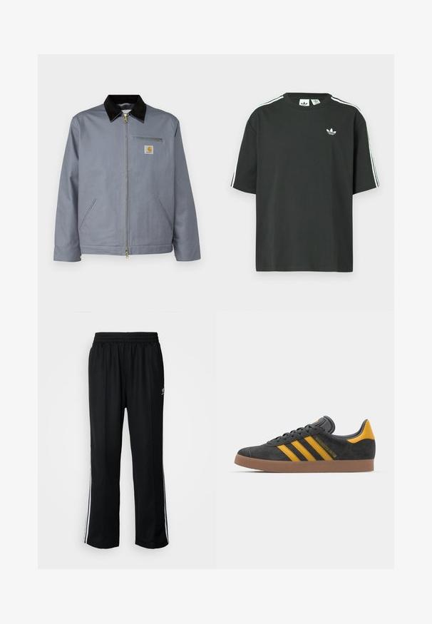 Gray cotton jacket with a black corduroy collar, front zipper, and chest pocket featuring a yellow Carhartt logo. Two side pockets included.; Black cotton t-shirt with short sleeves, crew neckline, and white three-stripe detailing on shoulders. Features a small white logo on chest.; Black athletic pants with an elastic waistband, featuring white side stripes and a small logo. Material appears soft and lightweight.; Black suede sneaker with yellow accents, featuring three stripes and a brown rubber sole. Includes a padded tongue for comfort.