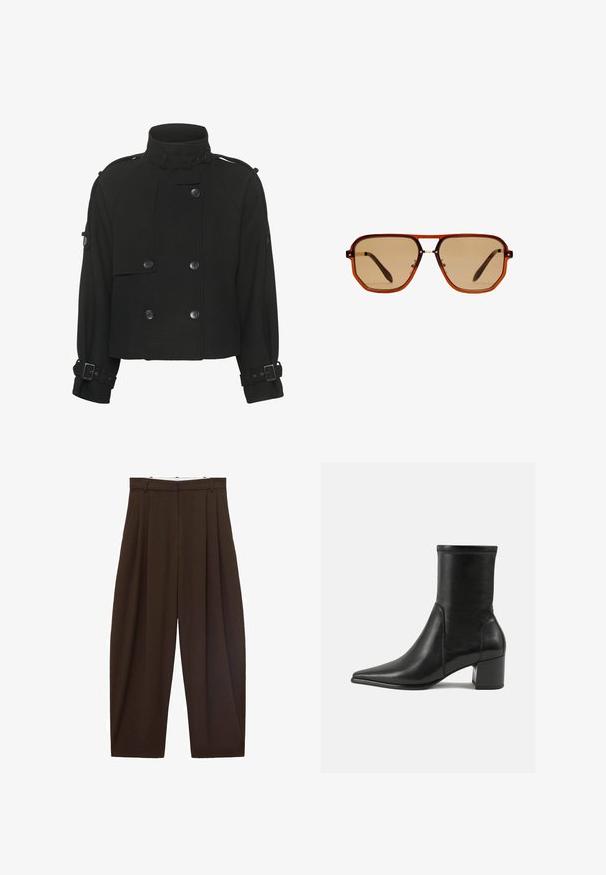 Gestuz AVIC JACKET - Overgangsjakke - black; Sort turtleneck sweater med lange ærmer, lavet af et glat strikstof. Har en tætsiddende overdel og ribbede manchetter og kant.; Brune højtaljede bukser med folder, lavet af glat stof. Løs pasform, straight leg design, med bæltestropper og lynlås.; Sorte ankelstøvler lavet af glat læder, med spids tå, en blokhæl og markant hævet syning ved den øverste kant.; Brune oktagonale solbriller med en gennemsigtig amber-ramme og brune tonede linser. Har et metalaccent ved næsestykket og slanke stængler.; Sorte læderhand taske med rektangulær form, guldfarvet hardware, en frontklap og et rundt logo som accent. Har en enkelt justerbar rem.