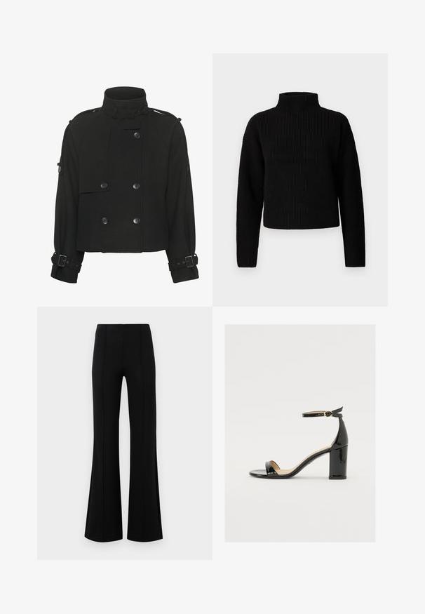 Gestuz AVIC JACKET - Ľahká bunda - black; Čierny rebrovaný rolák s dlhými rukávmi a skráteným strihom. Textúra vyzerá hrubo a pletená, bez viditeľných vzorov alebo ozdôb.; Čierne rozšírené nohavice s vysokým pásom, vyrobené z elastického materiálu. Obsahujú vertikálne švy na prednej strane a hladkú textúru.; Čierne lakované sandále s širokým podpätkom, otvorenou špičkou a remienkom okolo členka s zlatou sponou. Hladká textúra a elegantný dizajn.