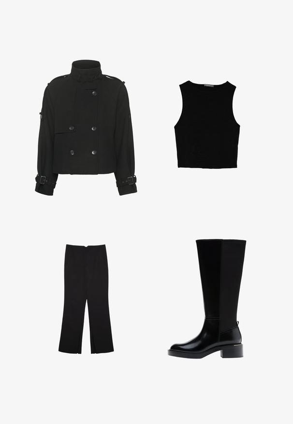 Gestuz AVIC JACKET - Overgangsjakke - black; Sort ærmeløs crop top lavet af glat stof, med rund hals og et rent, enkelt design uden mønstre eller hardware.; Sorte bukser med lige pasform, der har frontlommer og slidser i kanten. Lavet af blødt, glat stof. Velegnet til forskellige anledninger.; Sort knæhøj støvle med glat læderfinish, tydelig syning, en klodset hæl og en struktureret bagpanel for ekstra interesse.