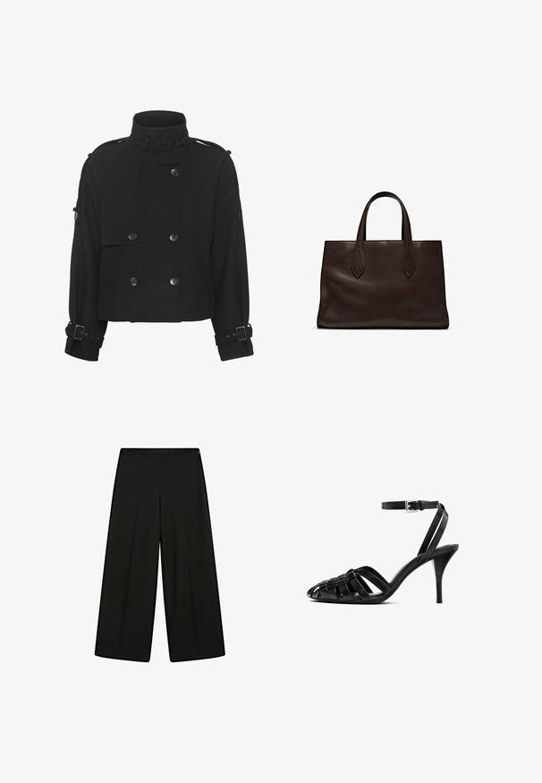 Gestuz AVIC JACKET - Giacca da mezza stagione - black; Maglietta a maniche corte marrone realizzata in tessuto morbido, con scollatura rotonda e vestibilità rilassata. Nessun motivo o dettaglio visibile.; Pantaloni neri a gamba larga realizzati in tessuto morbido, con vita alta e pieghe, caratterizzati da una texture liscia e senza decorazioni visibili.; Sandaletta nera in pelle con tacco alto e cinturino alla caviglia, caratterizzata da fasce intrecciate sulla punta, una finitura liscia e una forma della punta appuntita.; Borsa a spalla in pelle marrone con due manici lunghi, forma rettangolare strutturata, texture liscia e dettagli di cucitura sottili.