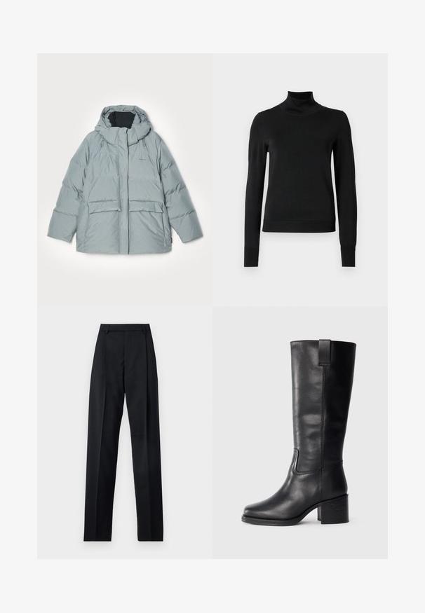 Lys grå polstret jakke med hætte, der har lynlås foran, to store forlommer og snorejustering ved hætten. Glat tekstur.; Sort langærmet turtleneck sweater med ribbede manchetter og kant, vist på en simpel hvid baggrund.; Sorte bukser lavet af glat stof, der har høj talje, brede ben, frontfolder og klassiske bælteløkker. Ingen synlige sidelommer.; Sorte læderknæhøje støvler med en glat tekstur, firkantet tå, blokhæl og sideløkke, der har minimale syninger.