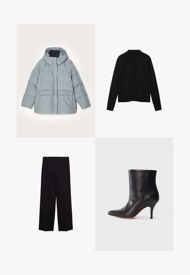 Hellgraue gepolsterte Jacke mit Kapuze, mit einem Reißverschluss vorne, zwei großen Vorderaschen und Kordelzügen an der Kapuze. Glatte Textur.; Schwarzer Rollkragenpullover aus weichem Stoff, mit langen Ärmeln und einem lockeren Schnitt, der ein sauberes, minimalistisches Design aufweist.; Schwarze weit geschnittene Hosen aus glattem Stoff, mit Falten an der Vorderseite und seitlichen Taschen, entworfen in einem geraden, lässigen Schnitt.; Schwarze Leder-Ankle Boots mit spitzem Zeh, schlankem Stiletto-Absatz und glatter Textur. Minimalistisches Design ohne sichtbare Beschläge oder Akzente.