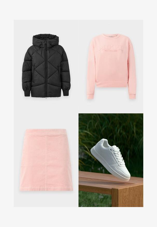 Schwarze gepolsterte Jacke mit Kapuze, ausgestattet mit einem Reißverschluss, Diamant-Steppmuster und gerippten Manschetten. Weiche, glatte Textur.; Rosa Sweatshirt aus weichem Stoff, mit gerippten Bündchen und Saum. Auf der Vorderseite prangt der erhabene Text "MO'PD Marc O'Polo DENIM."; Rosa Cord-Ripp-Minirock mit taillierter Passform und vertikaler Rippstruktur. Der Saum ist gerade und er hat ein schlichtes Design ohne Verzierungen.; Weiße Sneaker mit einem glatten, synthetischen Obermaterial, perforierter Zehenbox, flachen Schnürsenkeln und einer strukturierten Sohle, präsentiert auf einer Holzoberfläche.