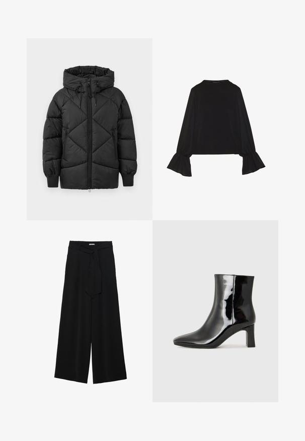 Casaco acolchoado preto com capuz, apresentando um fecho de correr, padrão com matizes em forma de losango e punhos canelados. Textura suave e lisa.; Top preto de mangas longas com punhos largos, textura suave e um corte descontraído, com um simples decote redondo.; Calças largas pretas com um tecido texturizado, uma cintura elástica e um laço destacável na cintura para um ajuste ajustável.; Botim de tornozelo em pele sintética preta com bico apontado e salto bloco de altura média. Textura suave e design minimalista.