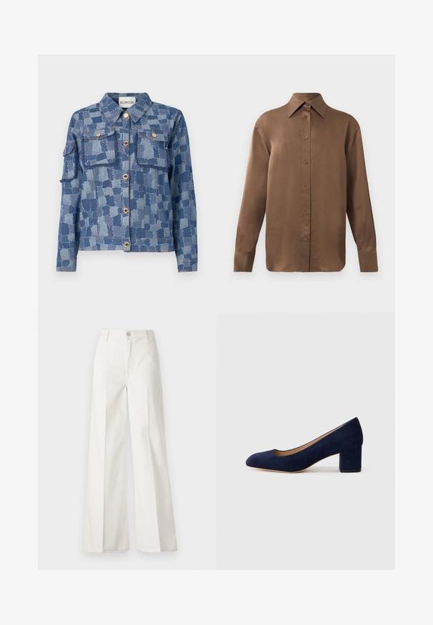 Jeans jakna z modrim patchwork vzorom, srebrnimi gumbi in dvema sprednjima žepoma. Material ima teksturirano površino in raztrgane robove.; Rjav dolg rokav s srajco s gumbi in koničastimi ovratniki in manšetami, prikazana na enostavni beli podlagi.; Bele široke hlače iz bombaža z gladko teksturo. Imajo gumb spredaj, zadrgo in zasnovo z štirimi žepi.; Temno modri nubuk čevlji s koničastim nosom in srednje visokim blokom. Gladka tekstura z diskretnim sijajem in majhnim izrezom spredaj.