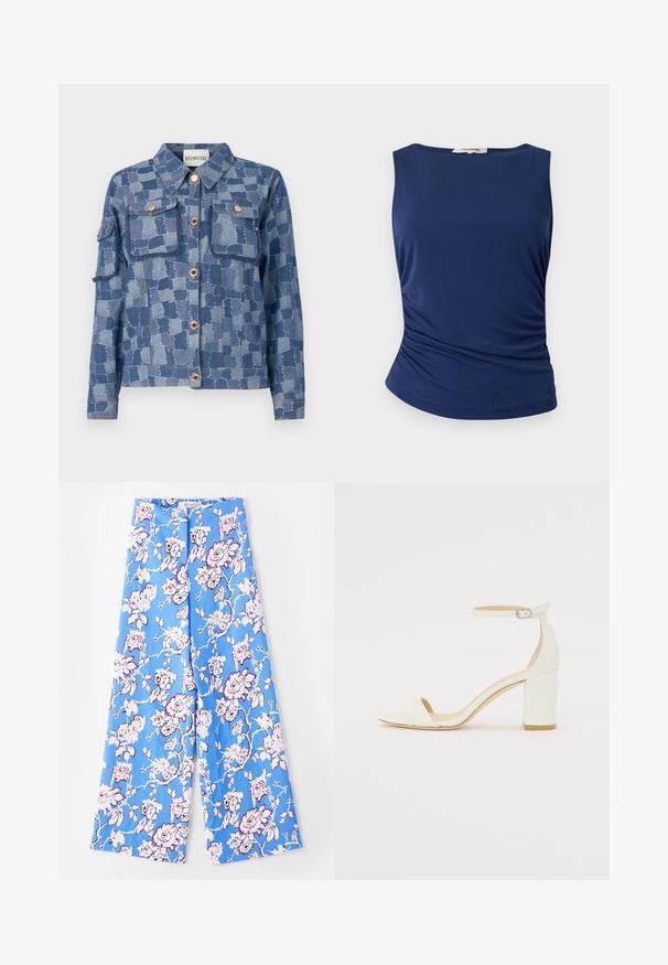 Džínová bunda s modrým patchwork vzorom, striebornými gombíkmi a dvoma prednými vreckami. Materiál má textúrovaný povrch a rozstrapkané okraje.; Tmavomodrá bezrukávová blúzka vyrobená z hladkej, elastickej tkaniny. Má zberané bočné detaily a zaoblený lem pre priliehavý vzhľad.; Modré kvetinové nohavice s jemným vzorom ruží. Tkanina je hladká s voľným strihom, širokými nohavicami a elastickým pásom.; Biele kožené sandále na blokovom podpätku s remienkom okolo členku a minimalistickým dizajnom. Otvorená špička a hladké textúry po celom povrchu.
