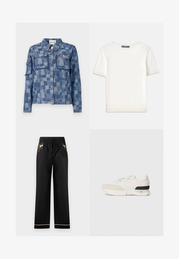 Jeansjacka med ett blått patchwork-mönster, silverknappar och två frampocket. Materialet har en texturerad yta och fransade kanter.; Vit kortärmad stickad topp med rund halsringning, med en jämn textur och subtila randiga detaljer vid ärmarna och fållen.; Svarta breda byxor har en elastisk midja med dragsko, broderade blommönster i färger och en kontrasterande trim vid nederkanten.; Vit sneakers med en texturerad mocka tåbox, slät meshovandel, dekorativa snören och en svart gummihälaccents.