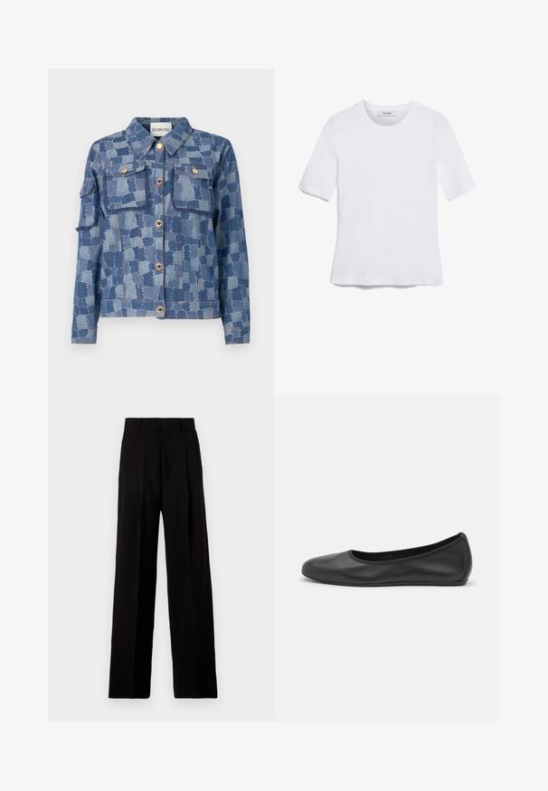 Jeansjacka med ett blått patchwork-mönster, silverknappar och två frampocket. Materialet har en texturerad yta och fransade kanter.; Vit kortärmad t-shirt i ribbat tyg. Rund halsringning, normal passform och diskreta sömdetaljer. Inga mönster eller tryck.; Svarta vida byxor i slätt tyg, med hög midja, framfållar och en ren, skräddarsydd design utan utsmyckningar.; Svart läderballerinaskor med rund tå, slät yta, minimala söm detaljer och en flexibel sula.