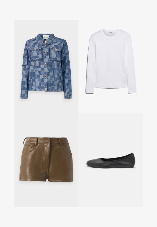 Sinine patchwork mustriga teksajakk, hõbedased nupud ja kaks eesmist taskut. Materjalil on tekstureeritud viimistlus ja kulunud servad.; Pikkade varrukatega valge T-särk, mis on valmistatud ribakujulisest puuvillast, ümmarguse kaeluse ja sirge hemiga. Lihtne disain ilma mustrite või aktsentideta.; Pruun kunstnahast lühikesed püksid, millel on vormiv disain, vöökohaga, millel on vööaugud, ees olevad taskud ja nähtavad õmbluste detailid.; Musthave mustika tantsutossud mustast nahast, ümmarguse varbaga, siledast tekstuurist, minimaalse õmblusdetailiga ja paindliku tallakujundusega.