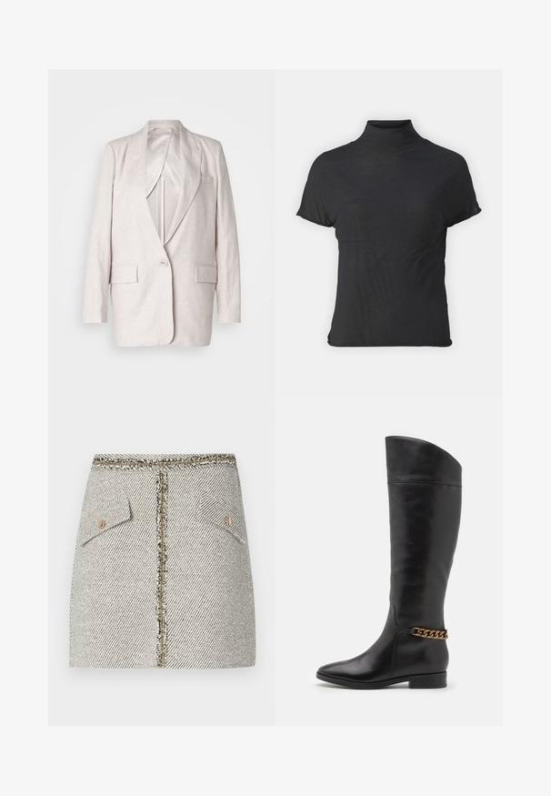 Blazer de lino beige claro con solapas de muesca, cierre de un solo botón y dos bolsillos frontales; completamente forrado con una textura suave.; Top negro de manga corta y cuello alto, hecho de una tela ligera con una textura suave y una forma ajustada, que presenta un escote alto.; Falda de tweed tejido en un patrón de espiga blanco y negro, presenta dos bolsillos frontales y una cremallera en tono dorado en la parte trasera con bordes deshilachados.; Botas altas de cuero negro con un diseño elegante, punta afilada y un acento de cadena dorada en el tobillo. Tacón bajo tipo bloque. Textura suave.