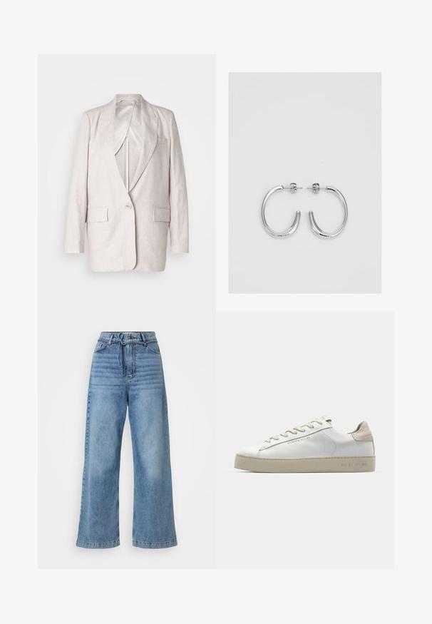 Helles beige Leinenblazer mit Reverskragen, einem einzigen Knopfverschluss und zwei Vordertaschen; vollständig gefüttert mit glatter Textur.; Grau ärmelloses Tanktop aus geripptem Material; verfügt über einen runden Halsausschnitt und ein figurbetontes Design. Keine Muster oder zusätzlichen Akzente.; Helle blaue weit geschnittene Jeans aus Denim. Besitzt eine hohe Taille, Gürtelschlaufen, einen Knopfverschluss und einen sauberen Saum mit dezenten Ausbleichungen.; Weiße Leder-Sneaker mit glatter Oberfläche, beigen Wildleder-Akzenten, runder Zehenpartie, flachem Schnürdesign und einer strukturierten Gummisohle.; Silberne Creolen mit einer glatten, glänzenden Oberfläche. Abgerundete Form, leichtes Design, mit einer Steckverschluss.