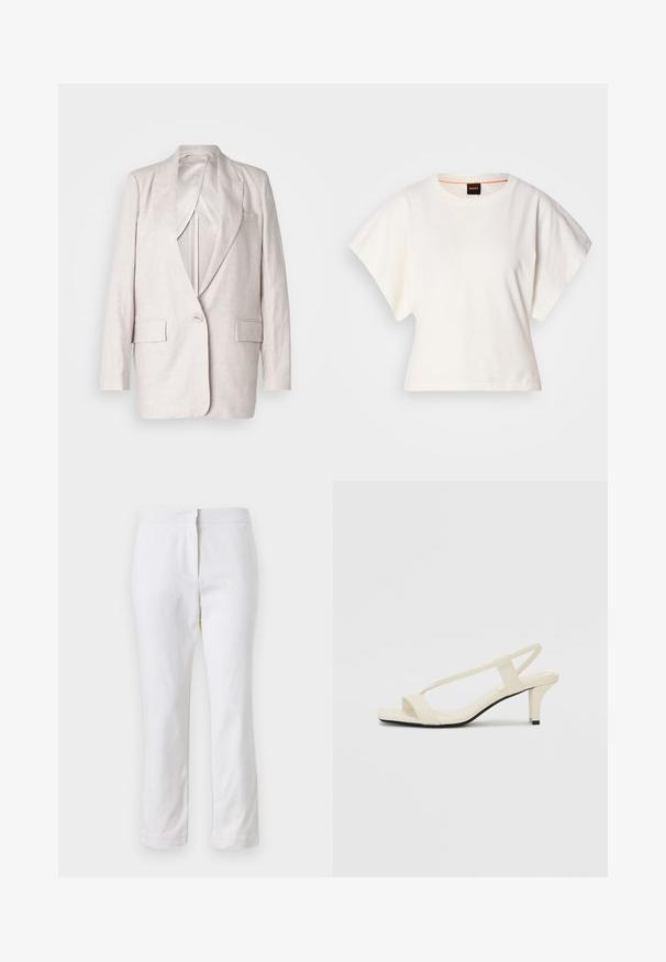 Helles beige Leinenblazer mit Reverskragen, einem einzigen Knopfverschluss und zwei Vordertaschen; vollständig gefüttert mit glatter Textur.; Weißes, kurzes T-Shirt, kurze weite Ärmel, weicher Baumwollstoff, runder Ausschnitt mit subtilen orangefarbenen Akzenten, minimales Design, keine Muster oder Grafiken.; Weiße Baumwollhose mit geradem Bein, mittelhoher Taille und ohne sichtbare Beschläge oder Muster. Glatte Textur auf der gesamten Fläche.; Beige Blockabsatzsandalen mit dünnen Riemen und quadrater Spitze. Glattes Material mit minimalem Design, entworfen für einfaches Tragen.