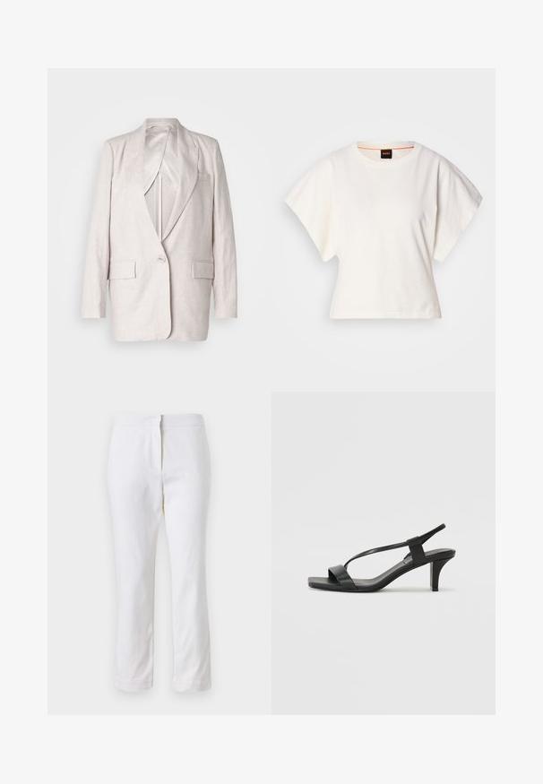Világos bézs vászon blézer, kiemelt hajtókákkal, egy gombos záródással és két elülső zsebbel; teljesen bélelt, sima textúrával.; Fehér, rövid, bő ujjú, crop szabású póló, puha pamut anyagból, kerek nyakkivágással, finom narancssárga díszítéssel, minimalista dizájn, minta vagy grafika nélkül.; Fehér pamut nadrág egyenes lábformával, közepes derékkal, látható fémrészek vagy minták nélkül. Sima textúra az egész anyagon.; Fekete magassarkú szandál vékony pántos kialakítással, négyzetes orral és közepes magasságú tömbsarkakkal. Sima bőrből készült, matt felülettel.