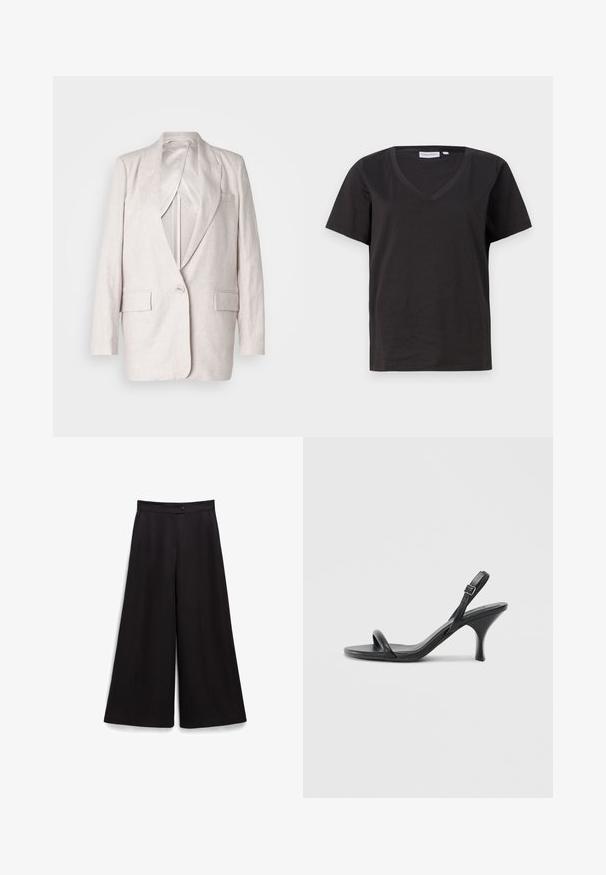 Blazer de linho bege claro com lapelas recortadas, fecho de um único botão e dois bolsos frontais; forrado, com uma textura suave.; T-shirt de algodão preto com decote em V e mangas curtas. Design simples com um corte regular e sem padrões ou detalhes.; Calças largas pretas com uma textura suave, fecho de botão na cintura e um corte descontraído. Sem padrões ou acentos visíveis.; Sandálias de salto alto em couro preto com um salto curvado e fino e um design de tiras cruzadas. Correia ajustável no tornozelo. Textura suave.