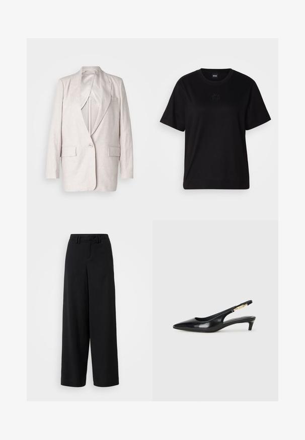 Gai bežs lina žakets ar atlocītām atlokiem, vienu pogu slēgšanu un divām priekšējām kabatām; pilnībā oderēts ar gludu tekstūru.; Melna kokvilnas T-krekls ar apaļu izgriezumu, īsām piedurknēm un izšūtu logotipu uz krūtīm. Vienkāršs, brīvs piegriezums bez rakstiem.; Melni platās bikses, izgatavotas no gludas auduma, ar plakanu priekšpusi, krokām un jostas cilpām jostasvietā.; Melnas ādas slingback zābaki ar smailu purngalu, ar šauru papēdi un zelta krāsas akcentu uz regulējama siksniņas. Gluda tekstūra.