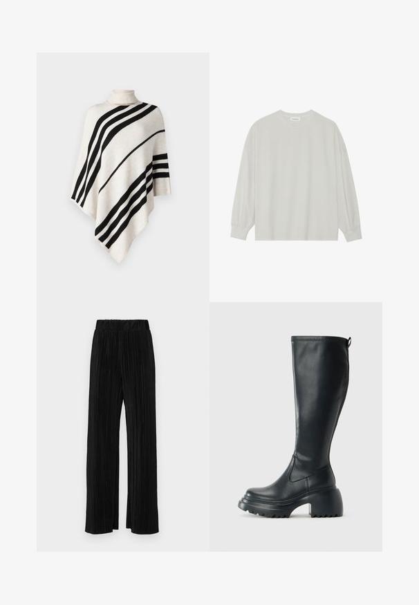 Strikket poncho i krem med svarte diagonale striper. Høy krage og asymmetrisk kant. Myk tekstur og allsidig design. Passer godt til lag-på-lag.; Lys grå langermet t-skjorte laget av myk bomull. Har en løs passform, rund hals og forsiktig samlet mansjetter. Ingen mønstre eller grafikk.; Sorte plisserte bukser med elastisk midje. Har vide ben og et glatt, strukturert stoff med vertikale striper.; Høy svart lærstøvel med chunky plattformsåle og blokkhelt, med trekkstang og teksturert mønster på yttersålen.