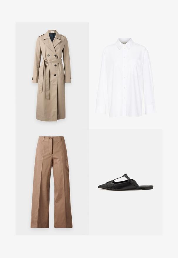 Zadig & Voltaire MANDY - Ballonkabát - latte; Fehér, hosszú ujjú, galléros ing, amely pamutból készült. Gombos elülső része és egyetlen mellzsebe van. Simított textúra, laza szabás.; Barna, bőszárú nadrág sima anyagból, elülső gombos zárással, két elülső zsebbel és tiszta, szabott vonalakkal.; Fekete bőr slingback cipő hegyes orral, szőtt díszítéssel és redőzött felső dizájnnal. Lapos talp minimális hardverrel.