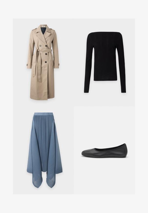 Zadig & Voltaire MANDY - Trenssi - latte; Musta pitkähihainen paita suoralinjaisella kaula-aukolla ja ribatulla pinnalla, jossa on tiukka malli ja ei näkyviä kiinnityksiä tai korostuksia.; Henrik Vibskov Vekkihame - blue; Musta nahkainen ballerina, jossa on pyöristetty kärki, sileä pinta, minimaalinen ommelkoristelu ja joustava pohjamuotoilu.