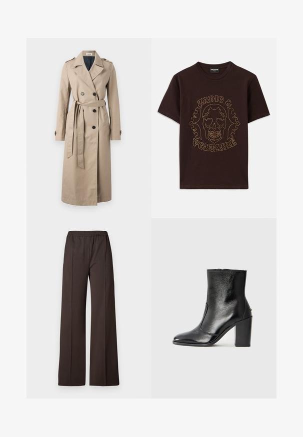 Zadig & Voltaire MANDY - Šineļveida mētelis - latte; Melnas krāsas kokvilnas T-krekls, ar zelta kniedēm iezīmētu skeleta grafiku un tekstu "Zadig & Voltaire", īsām piedurknēm un aploka kaklu.; Gari pamatkrāsas tumši brūnas bikses ar elastīgu jostasvietu, kas izceļas ar gludu tekstūru un vienkāršām līnijām, nodrošinot elegantu izskatu.; Melnas ādas potīšu zābaki ar gludu tekstūru, smailu purngalu un masīlu augstu papēdi. Iekļauts sānu atvērums un minimālistisks dizains.