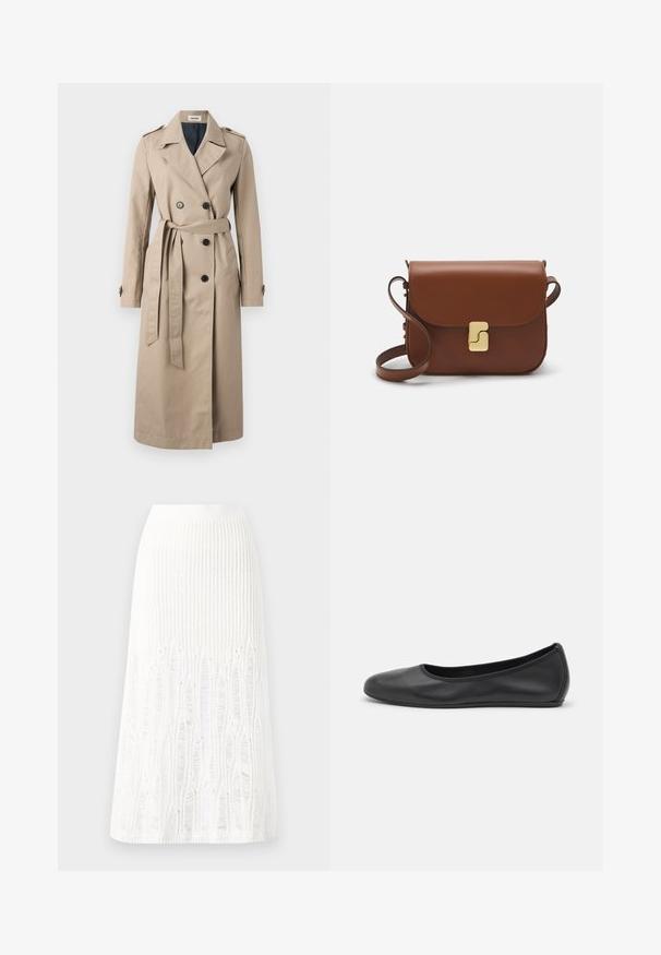 Zadig & Voltaire MANDY - Trenchcoat - latte; Vit kortärmad t-shirt i ribbat tyg. Rund halsringning, normal passform och diskreta sömdetaljer. Inga mönster eller tryck.; Stickad vit midi-kjol med en strukturerad mönster med vertikala linjer och utskärningar vid fållen. Elastisk midja. Mjuk material.; Svart läderballerinaskor med rund tå, slät yta, minimala söm detaljer och en flexibel sula.; Brun läderhandväska med klaffstängning, guldfärgad hårdvara, axelrem och en slät yta. Kompakt rektangulär form.