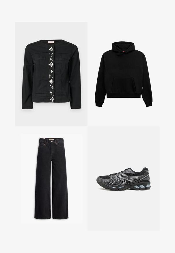 Fekete farmerdzseki lekerekített nyakkal, elülső zsebekkel és dekoratív díszítésekkel a középen. Simább textúra, testhezálló fazon.; Fekete kapucnis pulóver pamut keverékből. Elülső zsebbel, bordás mandzsettával és aljjal rendelkezik, laza, rövidített fazonnal. Sima textúra.; Fekete, bő szárú farmernadrág, öt zsebbel, réz szegecsekkel és klasszikus gombos kapoccsal. Simára kidolgozott textúrával és letisztult dizájnnal.; Fekete sportcipő hálós felsőrésszel, ezüst részletekkel és párnázott talppal. Fűzős kialakítással és mintázott talppal a jobb tapadás érdekében.