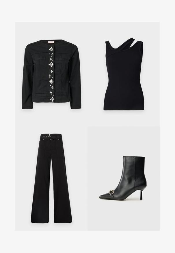 Must värvi teksajakk, millel on ümmargune kaelus, ees taskud ja dekoratiivsed kaunistused keskel. Sile tekstuur, sobiv kuju.; Must mustriga tank top mustalasaline varjundiga, millel on asümmeetriline disain ja üks rihm, mis ületab õla. Sile tekstuur ja keha lähedane lõige.; Mustad laiad mustad püksid, mis on valmistatud puuvillast, kõrge vöökoha, suurte küljetaskute ja kumerate rihmadega, kus on hõbedased detailid.; Must mustanvärvi nahast pahklinetopp, millel on terav nina, peen keskmise kõrgusega konts ja hõbedane keha detail külgedel, taustal lihtne taust.