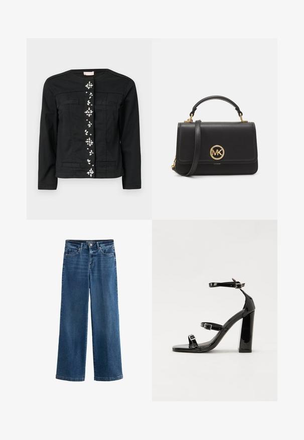 Čierna džínsová bunda s okrúhlym výstrihom, prednými vreckami a ozdobnými detailami v strede. Hladká textura, prispôsobený strih.; Čierne priliehavé tričko s krátkym rukávom, okrúhlym výstrihom a miernym nariasením na oboch stranách, položené na bielom pozadí.; Modré široké džínsy z denimu, so zvýšeným pásom, piatimi vreckami, jemným omedzením, zapínaním na gombík a kontrastným prešívaním.; Čierne lakované sandále na vysokom opätku s dvoma prackami, štvorcovou špičkou a hrubým blokovým opätkom, s hladkou, lesklou textúrou.; Čierna kožená kabelka so štruktúrovaným dizajnom, s zlatým kruhovým logom, horným uchom a odnímateľným ramenným popruhom.