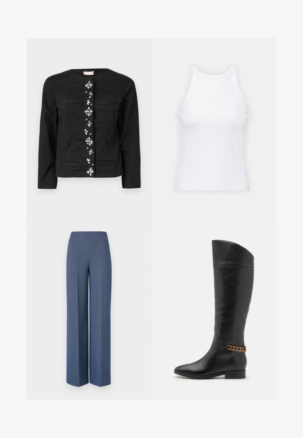 Giacca di jeans nera con colletto rotondo, tasche frontali e decorazioni lungo il centro. Texture liscia, forma aderente.; Top senza maniche bianco realizzato in tessuto a coste, caratterizzato da un collo arrotondato e una silhouette aderente, con cuciture minime e senza decorazioni.; Pantaloni a gamba larga in tessuto blu strutturato con una cintura liscia e linee di pieghe nette sul davanti, che mettono in evidenza un design sartoriale.; Alti stivali in pelle nera dal design elegante, punta affusolata e dettagli in catena dorata alla caviglia. Tacco a blocco basso. Texture liscia.