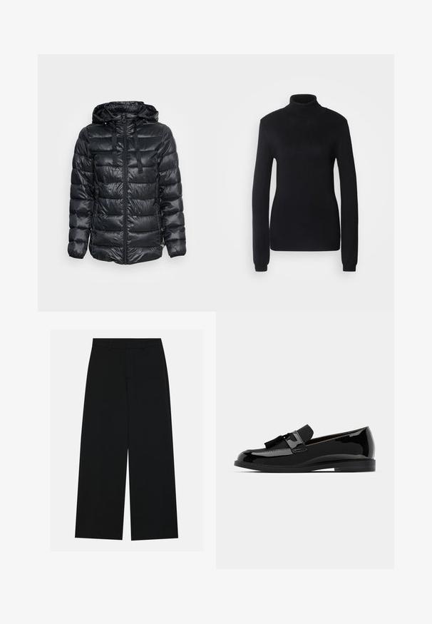 Esprit JACKETS OUTDOOR - Casaco leve - black; Suéter de gola alta preto feito de um tecido de malha suave, com mangas longas e uma silhueta ajustada, apresentando um colarinho e bainha canelados.; Calças pretas de perna larga feitas de um tecido suave. Apresentam uma cintura plana com passantes para cinto e sem bolsos visíveis. Design simples.; Mocassins pretos em couro verniz com salto baixo, apresentando um detalhe em franja e superfície lisa, desenhados com um bico arredondado e costura subtil.