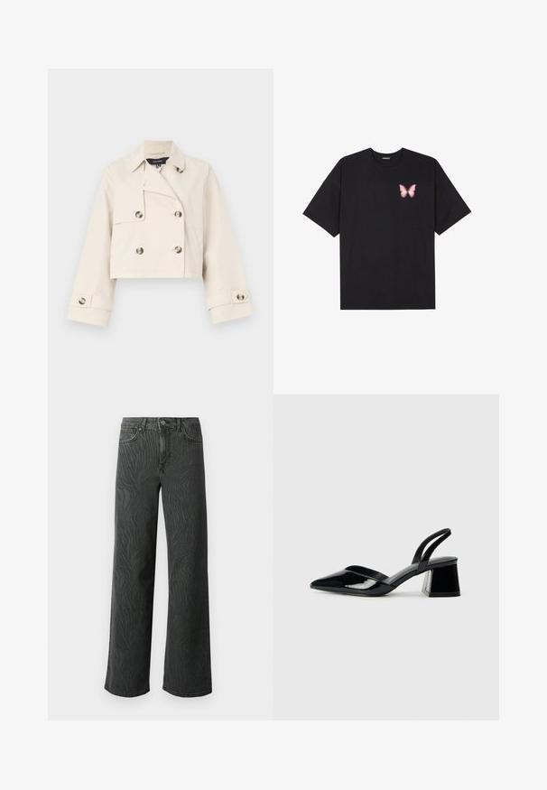 Kuttet beige jakke laget av en bomullsblanding, med dobbelspent knapper, skjortekrage og mansjetterte ermer.; Svart bomulls T-skjorte med korte ermer, med en liten rosa sommerfugl grafikk på venstre bryst. Crew-neck design med en avslappet passform.; Vide ben jeans i mørkegrå denim, med en subtil zebra-mønster tekstur, kontrast søm, og fem lommer med knappestol. ; Svarte patentlær slingback hæler med spiss tå og geometrisk blokk hæl. Har et stilrent, minimalistisk design og jevn tekstur.