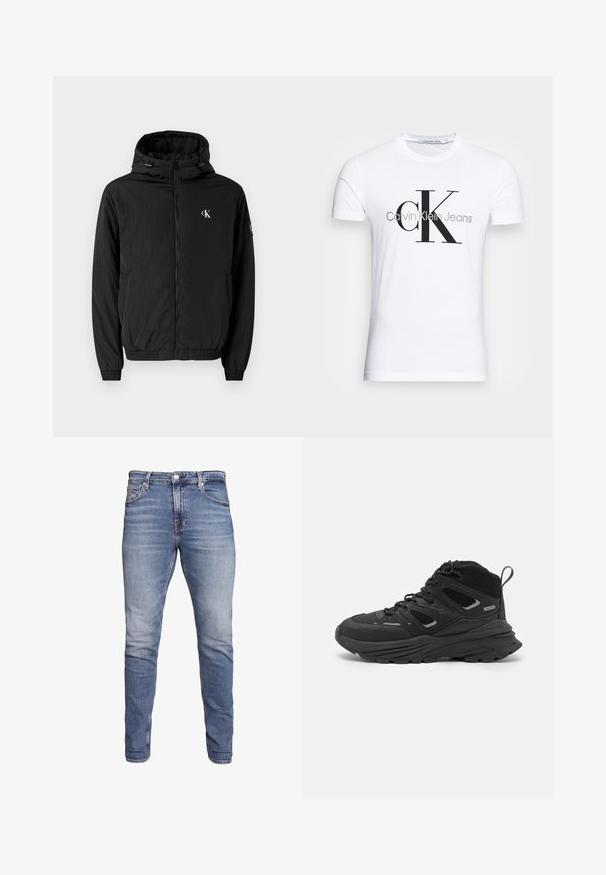 Čierna ľahká kapucňová bunda s hladkou textúrou, so zapínaním na zips, bočnými vreckami a vyšívaným logom CK na hrudi.; Biele bavlnené tričko s čiernym logom "CK" a nápisom "Calvin Klein Jeans", krátke rukávy a klasický okrúhly výstrih.; Modré slim-fit džínsy s piatimi vreckami, s vyblednutým vzhľadom, na gombík a s pútkami na opasok, vystavené na bielom pozadí.; Čierne turistické topánky s vrstveným dizajnom, textúrovaným materiálom a gumovou podrážkou, so zosilnenými miestami a šnurovaním vpredu.