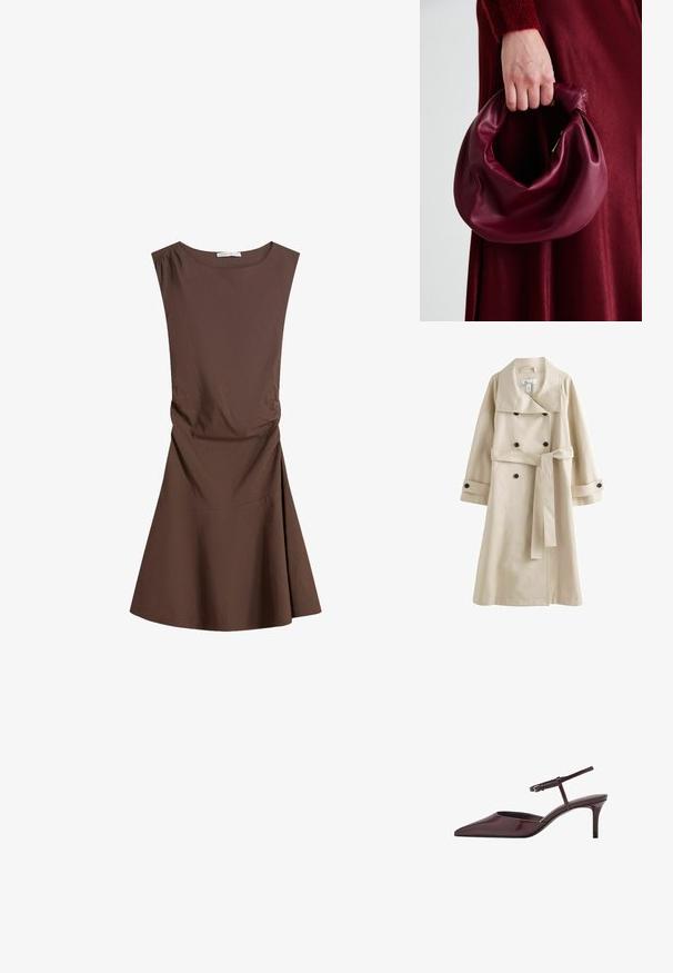 Beige trenchcoat dengan desain double-breasted, kerah besar, tombol hitam, dan sabuk yang sesuai di pinggang. Kain yang halus dan ringan.; Hihaton ruskea polvipituinen mekko, jossa on pyöreä pääntie ja hieman sivuvarjostusta, liehuva hame yksinkertaisella valkoisella taustalla.; Burgundy patent leather slingback-korkokengät, joissa on kapea kärki, ohut nilkkaremmi ja kohtuullinen stiletto-korko. Sileä, kiiltävä pinta.; Burgundy-nahkakäsilaukku, jossa on pehmeä, ryppyinen muotoilu ja pyöreä muoto. Kahva on kiinnitetty tukevasti, ja siinä on sileä pinta.