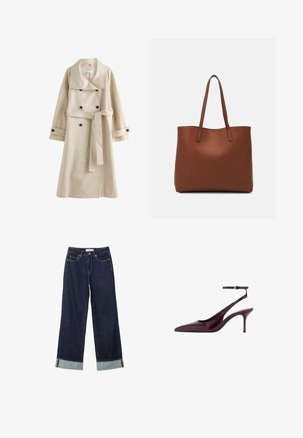 Beige trenchcoat med dubbelknäppning, stor krage, svarta knappar och ett matchande bälte i midjan. Slät, lättvikts tyg.; Burgundy kortärmad T-shirt i mjuk bomull. Har en klassisk rund halsringning och en avslappnad passform. Enfärgad, utan mönster eller detaljer.; Mörkblå vida jeans med hög midja, utrustade med uppvikta fållar, kontrasterande sömmar och femficksdesign. Tillverkade av denimtyg.; Burgunderröd lackläder pump med spetsig tå, slingback-design, tunn ankelrem och medelhög stilettklack på vit bakgrund.; Brun läder tote-väska med en slät textur, öppen toppdesign och två axelremmar. Har minimal söm och ingen synlig metalldetalj.