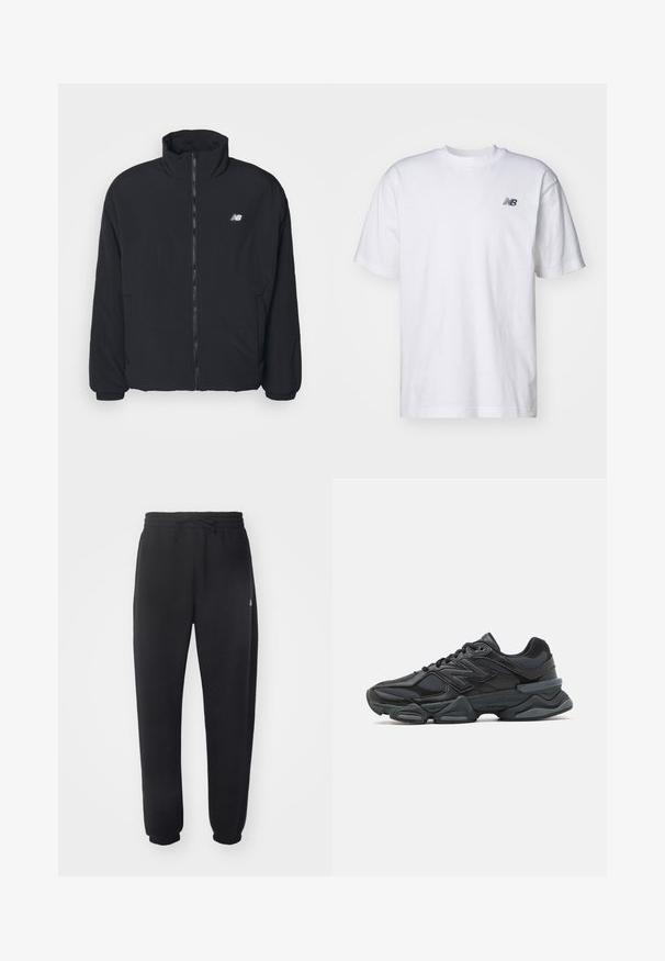Giacca nera con zip e colletto alto, polsini elasticizzati e tasche laterali; realizzata in materiale isolante; presenta un piccolo logo sul petto.; T-shirt bianco a maniche corte con scollo rotondo e piccolo logo nero New Balance sul lato sinistro del petto, su uno sfondo neutro.; Pantaloni della tuta neri realizzati in materiale morbido con vita elastica, coulisse e polsini aderenti, caratterizzati da un logo sottile sul lato.; Scarpa da corsa nera con una combinazione di materiali in rete e sintetici, suola spessa, design curvo e marchio ben visibile sul lato.
