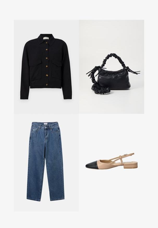 Svart cropped jakke laget av bomull, med krage, knappelukking i front og to brystlommer med klaff.; Hvit skjorte med knapper laget av glatt bomull, med klassisk krage, lange ermer og buet skjær. Knapper er små og hvite.; Klassiske blå denimjeans med rett ben-design, fem lommer og knappelukking. Har en middels vask og solid tekstur.; Beige og svart to-farget slingback sko med spiss tå, flat hæl og krysset stroppe-detalj. Glatt lærtekstur.; Svart faux skinn-håndveske med krokodilletekstur, strammet topp og en rynket stropp. Ser myk og kompakt ut i designen.