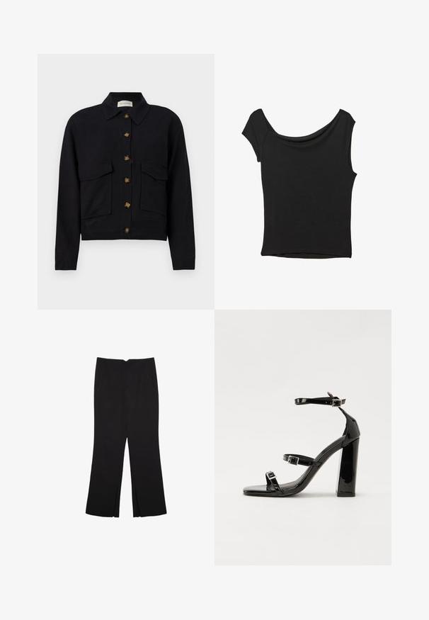 Črna skrajšana jakna iz bombaža, z ovratnikom, sprednjim zapiranjem na gumb in dvema žepoma na prsih z poklopcem.; Črna kratka majica s kratkimi rokavi iz gladkega blaga; ima drapiran izrez in asimetrično spodnjo rob, s prilegnjenim telesom.; Črne hlače ravnega kroja z naglavnimi žepi in stranskimi razporki na robu. Narejene iz mehke, gladke tkanine. Primerne za različne priložnosti.; Črne lakirane sandale s peto, kvadratnim prstom, trakovi okrog gležnja in srebrnimi zaponkami. Opremljene so s stabilno Debelo peto.