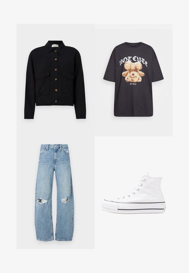 Chaqueta corta negra hecha de algodón, con cuello camisero, cierre frontal de botones y dos bolsillos en el pecho con tapa.; Camiseta negra de gran tamaño con un gráfico de un oso y el texto "NO LINDO SINO SALVAJE" en letras blancas y en negrita. Material de algodón.; Vaqueros de mezclilla de tiro alto en azul claro. Tienen piernas anchas, dos áreas desgastadas en las rodillas y un estilo clásico de cinco bolsillos.; Zapatilla de lona alta blanca con suela de goma negra, puntera de goma frontal y seis ojetes para los cordones, que presenta un diseño limpio y minimalista.