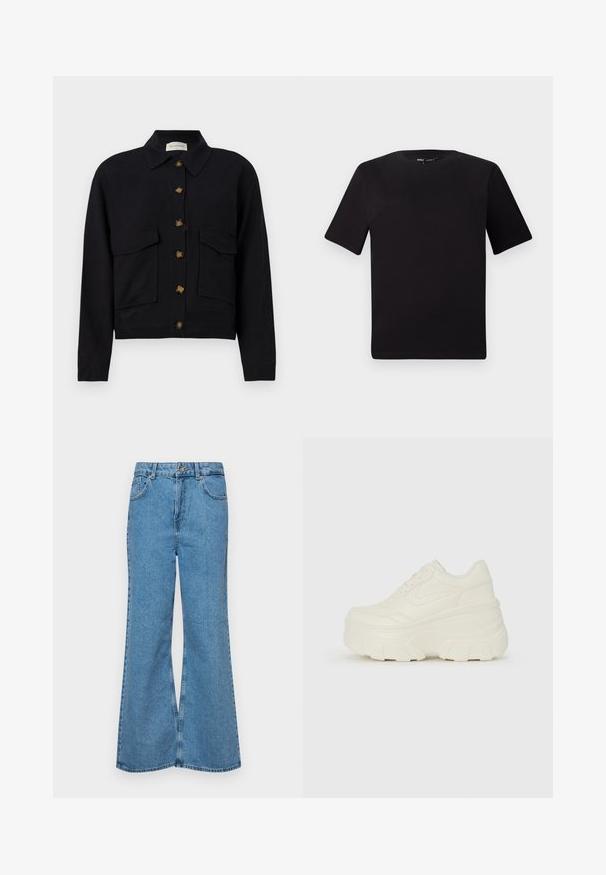Black cropped jacket made of cotton, featuring a collared neck, front button closure, and two chest pockets with flap.; Black short-sleeve t-shirt with a round neckline, crafted from soft cotton fabric. Simple design, no visible logos or patterns.; Light blue flared jeans made of denim, featuring a high waist, five pockets, and a single button closure. Soft texture with faded finish.; White platform sneakers featuring a smooth leather-like upper, rounded shape, padded collar, and textured rubber sole with defined treads.