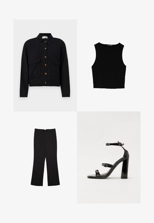 Sort cropped jakke lavet af bomuld, med krave, frontlukning med knapper og to brystlommer med klap.; Sort ærmeløs crop top lavet af glat stof, med rund hals og et rent, enkelt design uden mønstre eller hardware.; Sorte bukser med lige pasform, der har frontlommer og slidser i kanten. Lavet af blødt, glat stof. Velegnet til forskellige anledninger.; Sorte patenterede hælsandaler med firkantet tå, ankelremme og sølvspænder. Har en chunky blokHæl for stabilitet.