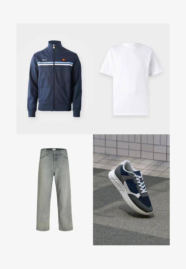 Mörkblå zip-jacka med ljusblå och vita horisontella ränder, hög krage och ellesse-logotyp på bröstet och dragkedjan.; Vit kortärmad t-shirt i bomull med rund halsringning, som har en slät textur och en enkel design utan mönster eller accenter.; Ljust grå, löst sittande jeans av denim. Har en klassisk fem-fickorsdesign, bältesöglor och en rak benprofil.; Sko med överdel i marinblå mesh, grå mockadetaljer, vit gummisula och platta vita snören, designad för komfort och andningsförmåga.