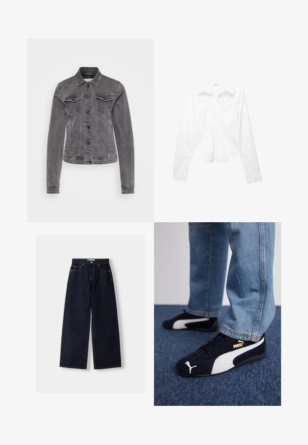 Szürke farmerdzseki klasszikus gallérral, hosszú ujjal, két mellzsebbel, gombos záródással és enyhe kopással az anyagon.; Fehér, hosszú ujjú, női, karcsúsított gombos ing, gallérral, finom varrási részletekkel és enyhén ívelt hemivel.; Sötétkék farmer széles szárú nadrág magas derékkal, öt zsebbel, eltérő varrással és ezüstszínű fémalkatrészekkel. Sima textúra és tiszta finish.; Fekete velúr sneakers fehér részletekkel, arany logóval. Világoskék farmernadrággal viselve, egy tónusos kék felületen elhelyezve.