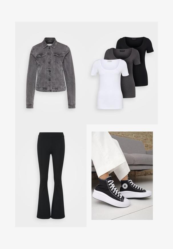 Gray denim jacket with a classic collar, long sleeves, two chest pockets, button closure, and subtle distressing on the fabric.; Three fitted T-shirts in white, gray, and black. Each features a wide scoop neckline and short sleeves. Made from smooth, stretchy fabric.; Black flared pants made of stretchy fabric, featuring a high waistband and a smooth texture. The pants flare out from the knee.; Black canvas high-top sneakers with white rubber soles and laces. Features a circular logo on the side and contrasting white stitching.