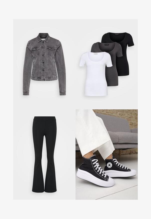 Šedá riflová bunda s klasickým golierom, dlhými rukávmi, dvoma náprsními vreckami, gombíkovým zapínaním a jemným opotrebením látky.; Tričko v bielej, šedej a čiernej farbe s priliehavým strihom. Každé má široký výstrih a krátke rukávy. Vyrobené z hladkej, elastickej tkaniny.; Čierne rozšírené nohavice vyrobené z elastického materiálu, s vysokým pásom a hladkou textúrou. Nohavice sa rozširujú od kolena.; Čierne vysoké tenisky s bielymi gumovými podrážkami a šnúrkami. Obsahujú okrúhlu nášivku s logom a kontrastné biele prešívanie. Materiál je plátený.