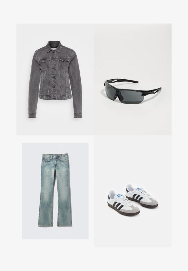 Harmaa farkkutakki, jossa on klassinen kaulus, pitkät hihat, kaksi rinnataskua, napitus ja hienovarainen kuluminen kankaassa.; Valkoinen toppi ohutmustilla olkaimilla, jossa on suuri musta "I" ja "NY" -teksti sekä punainen sydänkuvio niiden välissä.; Vaaleansiniset farkut, joissa on kevyt kuluminen, viisi taskua, nappikiinnitys ja suorat lahkeet valkoista taustaa vasten.; Urheilukengät, joissa on valkoinen nahkainen päällinen, harmaa mokkanokka ja kolme mustaa raitaa. Ominaisuuksina sininen logo kielekkeessä ja kuvioitu kumipohja.; Mustat urheilulasit kaarevilla linsseillä, kevyestä muovista valmistettu kehys ja teksturoidut tempurit. Tyylikäs muotoilu integroidulla nenäosalla.; Musta kudottu nahkabag, jossa on rento muotoilu, ja jossa on solmittu hihna sekä pieni koristeellinen kultatappi ylhäällä.